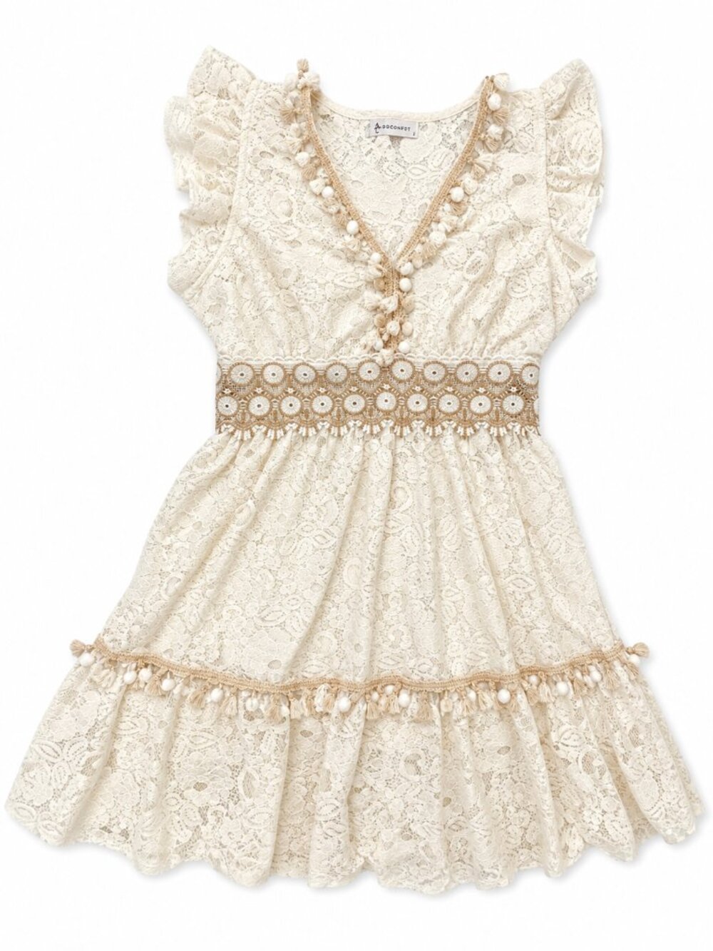 Cream Lace Boho Mini Dress Tassel Trim Flutter Sleeve Size Small